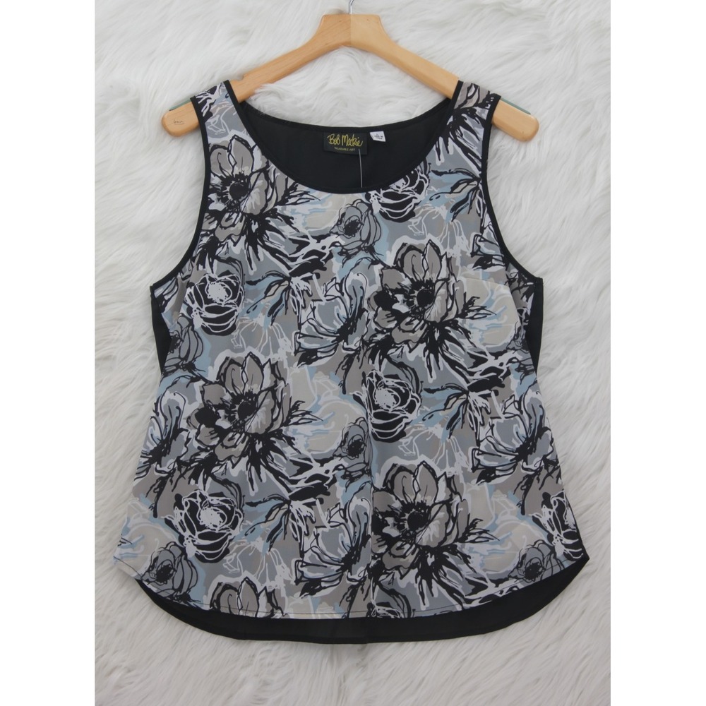 Bob Mackie Wearable Art Sleeveless Top Womens L Black  White Floral NWT #1489